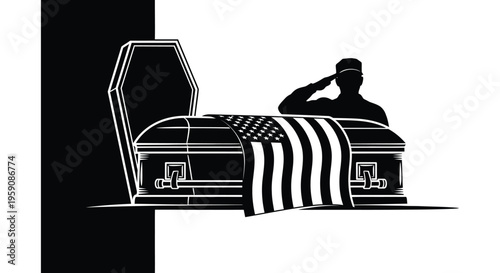 Military funeral, soldier saluting coffin, black and white vector, burial ceremony, patriotism isolated on White Background