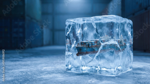 Frozen container ship supply chain disruption concept showing physical logistics transport gridlock in icy warehouse climate crisis metaphor for global trade risk and delay