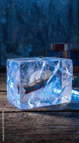 Frozen cargo vessel supply chain disruption physical logistics transport gridlock concept in cracked ice block on rustic wood table under moody blue light in warehouse studio