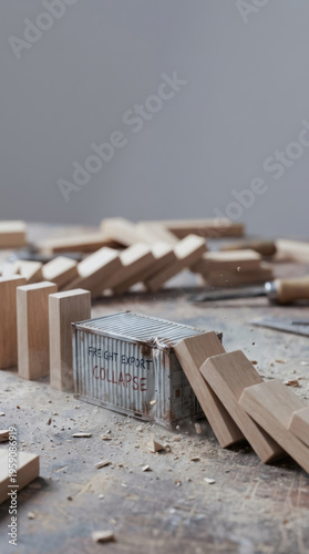 Freight export collapse supply chain disruption physical logistics transport gridlock concept wooden block domino effect