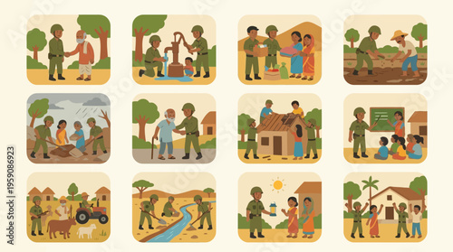 Vibrant community collaboration scene captured in a series of twelve colorful vector illustration icons showing people interacting in rural and urban environments, viewed from a dynamic perspective