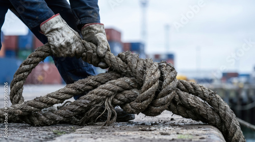 Dock worker hand rope knot supply chain disruption physical logistics transport gridlock scene on busy port quay mooring line under pressure and tension during cargo delay