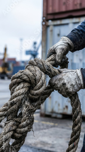 Dock worker hand holding rough rope knot symbolizing supply chain disruption and physical logistics transport gridlock at cargo port yard under cloudy sky tension and stress