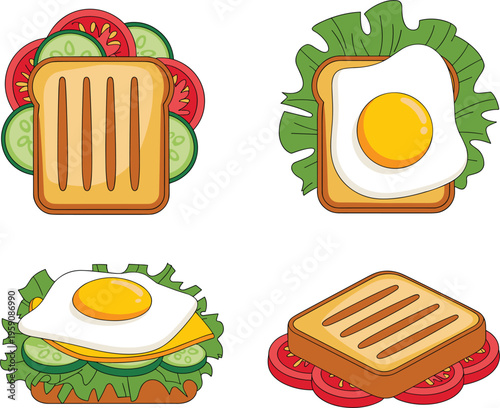 Toasted sandwich with egg and vegetables, healthy breakfast food cartoon vector illustration set