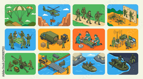 Vector icon set of soldiers parachuting over fields, a helicopter flying above sky, desert patrol, hilltop gunner, amphibious boat, and tank on a road, shown on white background from an overhead view
