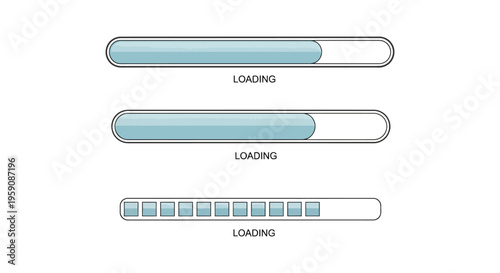 Set of three distinct vector loading bar interface elements showing data progress and system status updates