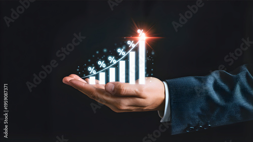 Hand presenting a glowing bar chart symbolizing business growth, financial success, market increase, and investment gains on a dark background