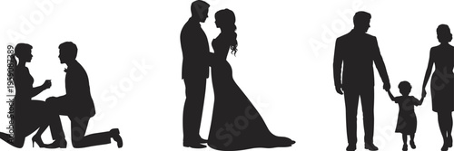 Silhouette man proposing woman, wedding couple standing, family walking with child, romantic relationship progression, love, marriage, parenthood, unity