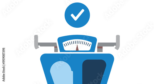 Blue graphic illustration of a bathroom weight scale showing successful measurement with a checkmark icon