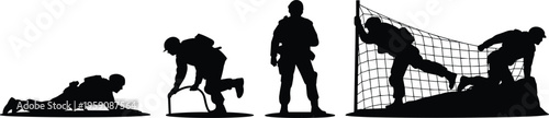 Silhouette soldiers crawling, maneuvering barrier, standing ready, climbing net, teamwork helping obstacle, military training exercise, endurance, discipline, tactical movement