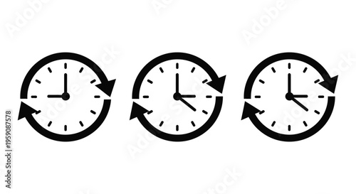 Three black vector clock icons with circular arrows symbolizing time flow, reload, or history.