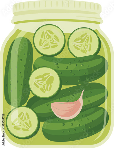 Jar of pickled cucumbers with garlic, fresh organic preserved food vector illustration design