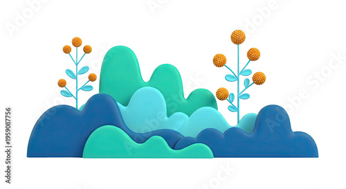 Stylized 3D landscape with blue hills and orange flowers