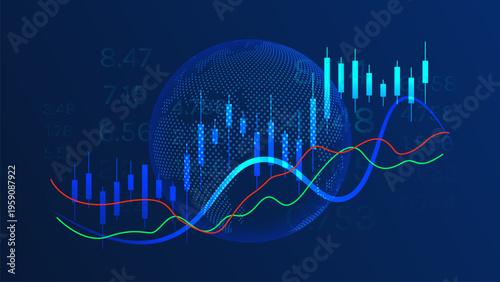 Forex and Stock Market Trading Chart Candlestick Up and Down trend Blue Background with Globe Vector