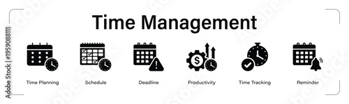 Time Management web banner black icon set. vector illustration concept with icon of Time Planning, Schedule, Deadline, Productivity, Time Tracking, Reminder.