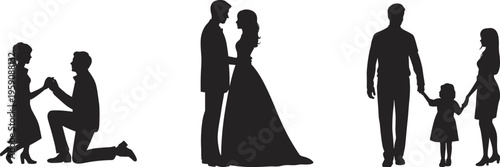 Silhouette man proposing woman, wedding couple standing together, family walking with child, romantic relationship progression, love, marriage, parenthood, unity