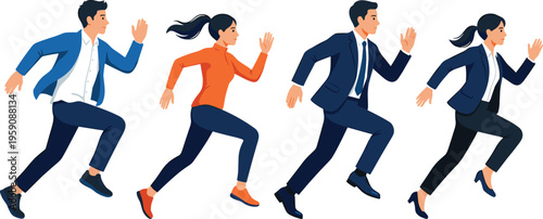 Motivated business professionals depicted in a sprint, representing career acceleration, competitive ambition, and forward momentum in the dynamic corporate world