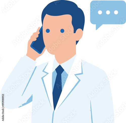 Illustration of a dedicated professional, likely a doctor or business advisor, actively communicating via smartphone, symbolizing remote consultation, customer support, and essential virtual dialogue