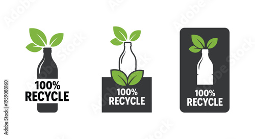 Modern vector illustration set featuring bottles and green leaves for 100 percent recycled ecological product design.