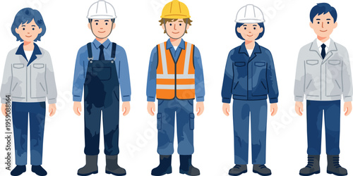 Diverse group of construction workers and laborers in various safety gear and uniforms, illustrating teamwork and industry professions