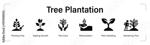 Tree Plantation web banner black icon set. vector illustration concept with icon of Planting Tree, Sapling Growth, Tree Care, Reforestation, Plant Seedling, Gardening Tree.