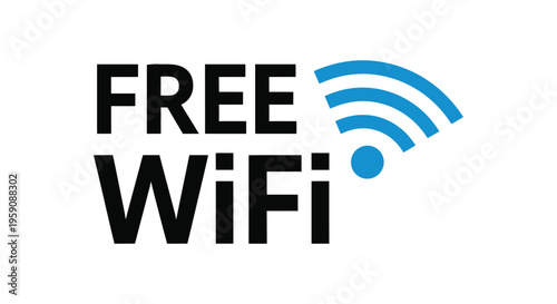 A modern vector graphic design illustrating a bold 'Free WiFi' sign and blue wireless internet symbol.