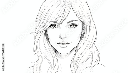 Beautiful Woman Face Portrait Sketch Drawing, Realistic Pencil Art, Expressive Eyes, Soft Hair