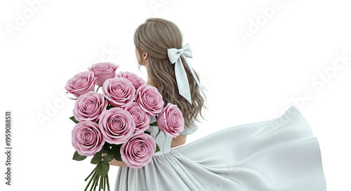 Woman with Bouquet of Pink Roses and White Dress