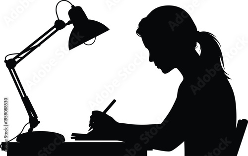 Focused student silhouette writing at desk, creative study illustration, lamp lighting workspace, academic concentration, artistic learning, education design concept