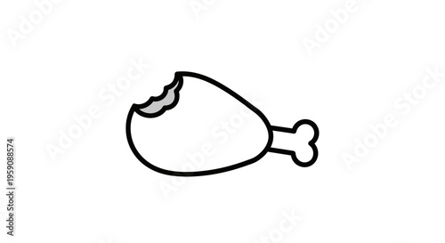 Bitten Chicken Leg Icon, Simple Line Art, Isolated on White Background