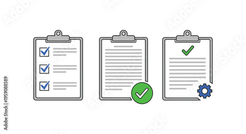 Three clipboard graphic illustrations show task completion process with checkmarks and gear icons.