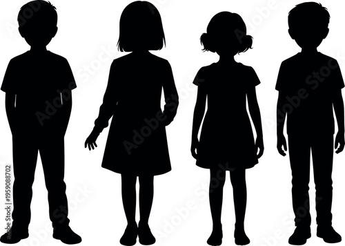 Silhouette of four children standing together, diverse kids group illustration isolated on white background, childhood concept, unity and innocence theme