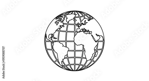 Black and White Globe Icon with Continents and Grid Lines