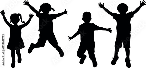 Silhouette of happy children jumping with raised arms, kids playing and celebrating, energetic childhood concept illustration isolated on white background