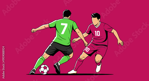 Dynamic Soccer Players Battling for Ball Control in Vibrant Illustration