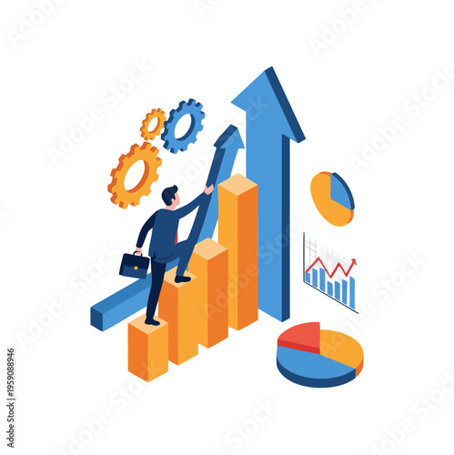 Wallpaper Mural Businessman climbing bar chart towards upward arrow symbolizing business growth and success. Torontodigital.ca