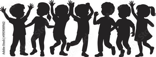 Joyful children silhouettes dancing together, celebrating childhood happiness, playful group activity, unity, friendship, community, fun, carefree energy