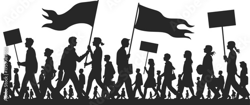Protest march silhouettes with flags and signs, diverse people united, social movement illustration, activism, civic engagement, collective action