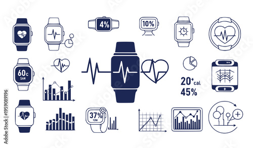 A set of vector icons depicting smartwatches and health metrics in a flat minimal design style