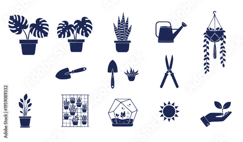 A set of flat design vector graphics depicting various gardening icons and symbols in a dark blue silhouette style on a white background.