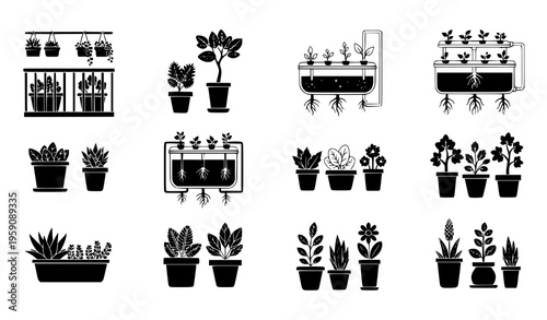 A collection of black and white vector illustrations of various potted plants and planters in a minimalist flat design style on a white background