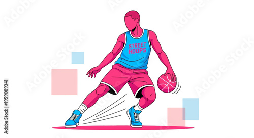 Dynamic Street Ball Player Illustration With Bold Geometric Shapes And Vibrant Color Scheme