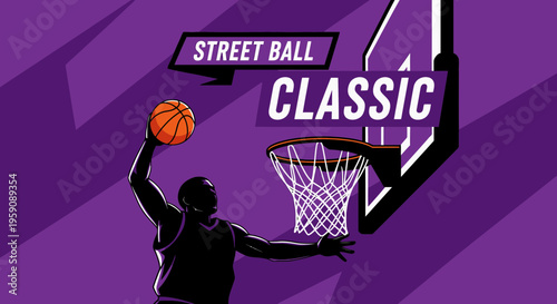 Dynamic Streetball Action Depicted with a Slam Dunk Silhouette and a Bold Purple Backdrop