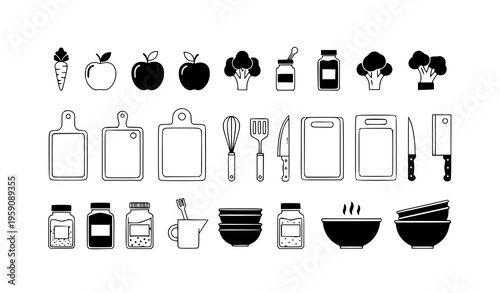 A collection of black and white kitchen icons including food and cooking utensils on a white background