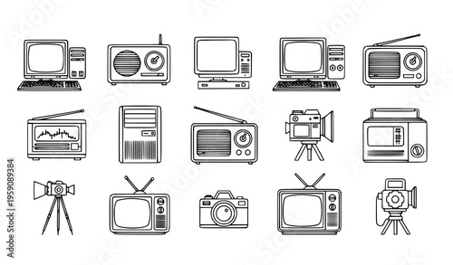 A set of black and white line art illustrations depicting various vintage media and technology devices including computers, radios, televisions, and cameras.