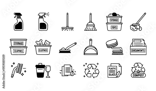 A set of black and white line art icons depicting various household cleaning and organization tools and supplies on a white background