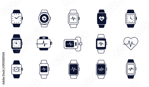 A collection of various smartwatch and heart rate monitor icons in a flat vector graphic design