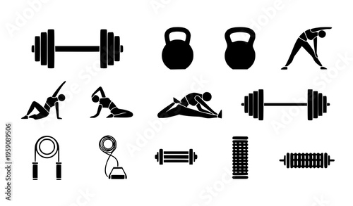 A collection of black silhouette icons depicting various fitness and exercise equipment and poses on a white background
