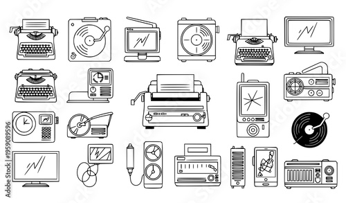A collection of vintage and modern office equipment illustrations including typewriters computers and radios in a flat minimal line art style on a white background