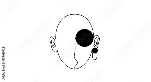 Abstract minimalist portrait of a bald head with black circles on face and ear